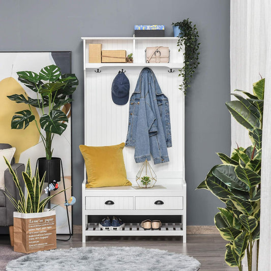 3-In-1 Hall Tree, Entryway Bench with Coat Rack, Mudroom Bench with Shoe Rack, 2 Storage Drawers, 4 Hooks and Padded Seat Cushions for Hallway, White