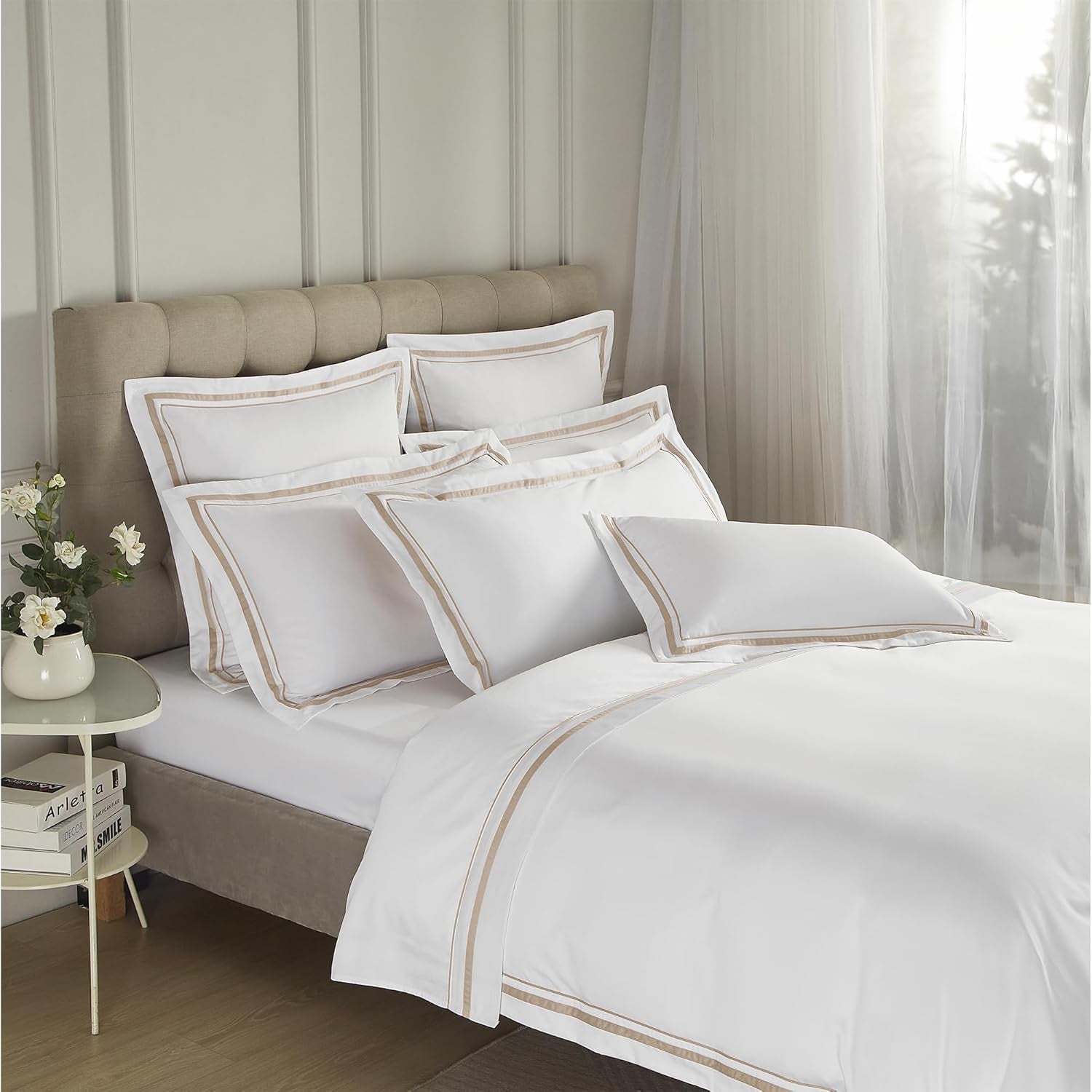 White Pillow Shams King Size Set of 2, 100% Cotton 400TC Sateen Luxury Hotel Pillow Cases, Pipping Oxford Pillowcases with Envelope Closure for Bedding Linen, 20X36 Inches (White with Khaki)