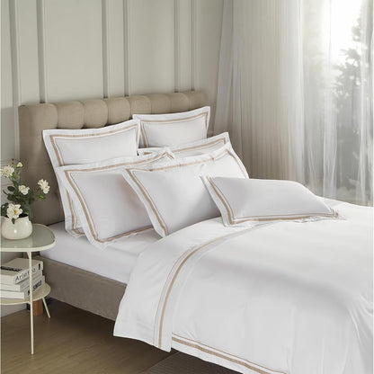 White Pillow Shams King Size Set of 2, 100% Cotton 400TC Sateen Luxury Hotel Pillow Cases, Pipping Oxford Pillowcases with Envelope Closure for Bedding Linen, 20X36 Inches (White with Khaki)