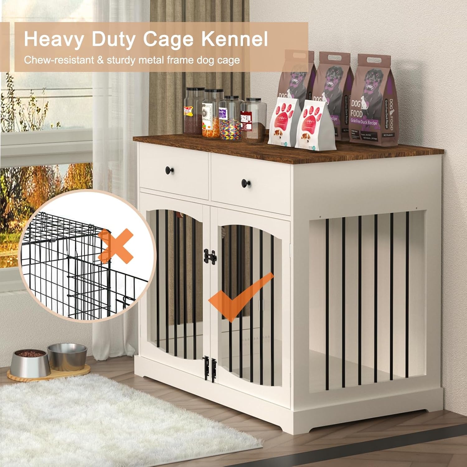 40 Inch Dog Crate Furniture-Farmhouse Dog Kennel with Drawers-End Table Wooden Pet Crate, Double Door Design, Decorative Dog House Indoor for Small Medium Large Dog, White