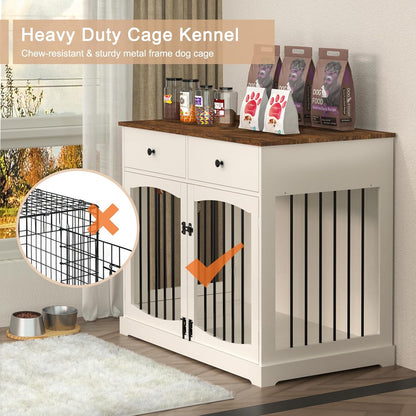 Dog Furniture Crate -40 Inch Dog Kennel with Drawers-End Table Wooden Pet Crate, Double Door Design, Decorative Dog House Indoor for Small Medium Large Dog, White