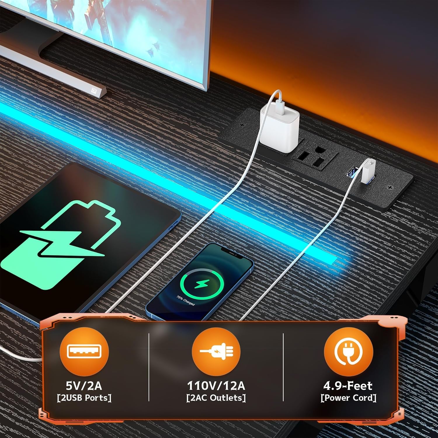 56 Inch Gaming Desk with Drawers and Shelf,Reversible Computer Desk with LED Lights and Power Outlets,Study Table with Hooks for Headphone,Bags,Black Desk Work Desk for Bedroom,Dorm