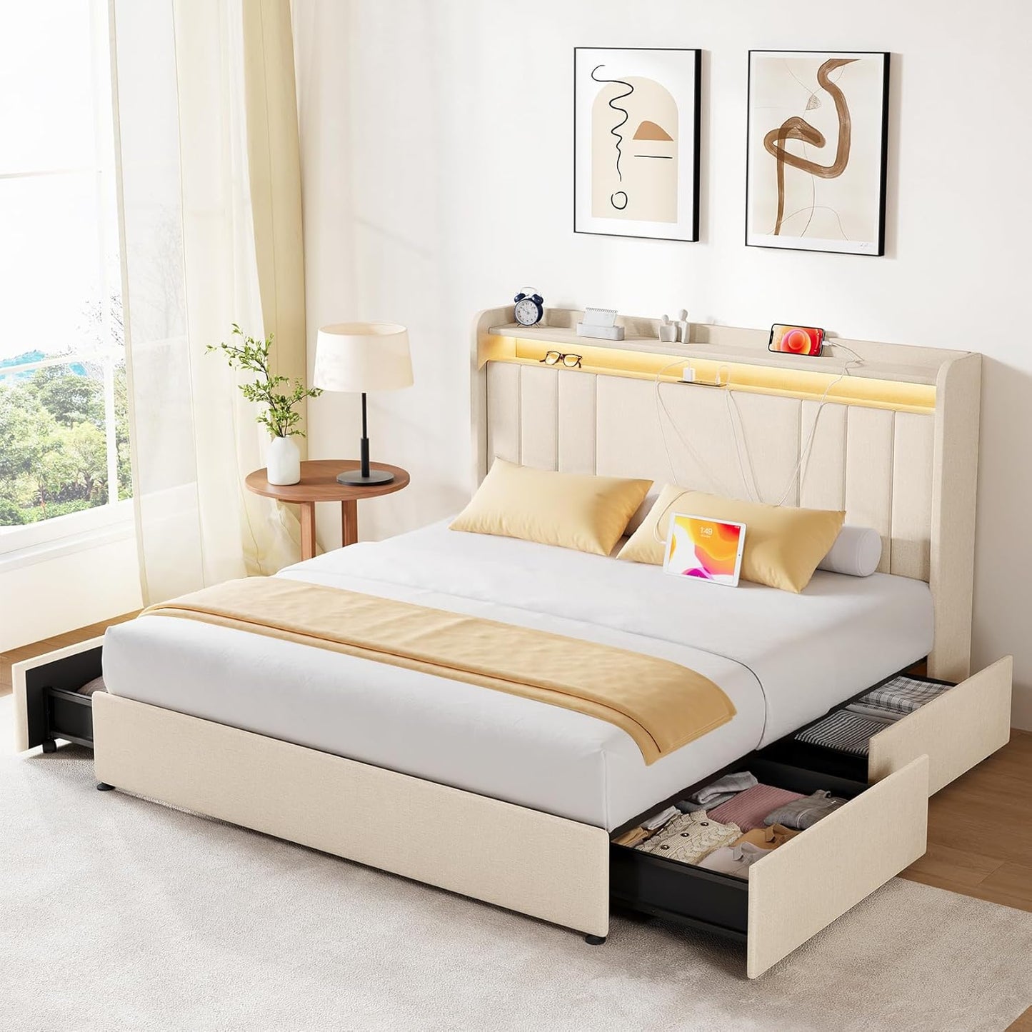 Queen Bed Frame with Storage, Tall Headboard Upholstered Platform Bed with 4 Dustproof Drawers, 2-Tier Storage Headboard Wingback, LED Light & Charging Station, 47''-51'' Height Adjust, Beige