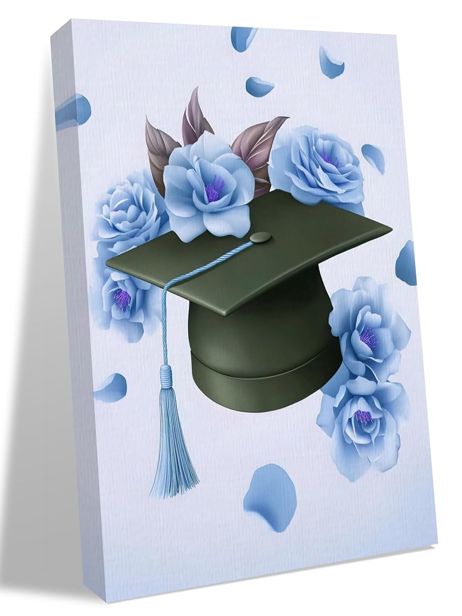 NuYeBiofx Graduation Cap Flowers Roses Canvas Wall Art Prints,40"x28" Framed Picture Artwork Blue Background Printed Canvas Oil Painting for Living Room Bedroom Office,Ready to Hang