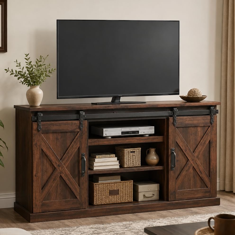 Farmhouse TV Stand for 65 Inch TV, Sliding Barn Doors, Brown