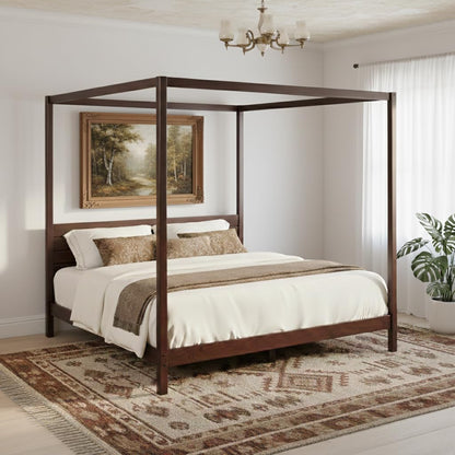 Solid Pine Canopy Bed Frame, King — Walnut Finish