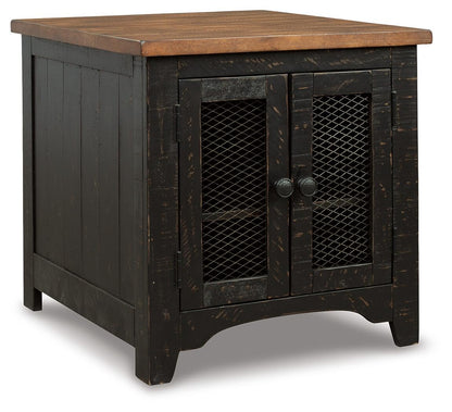 Distressed brown and black farmhouse end table with storage