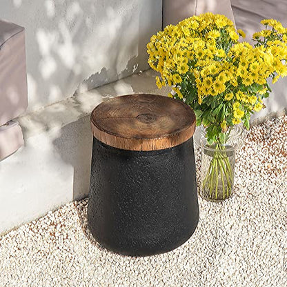Drum End Table Cylinder Shaped Concrete Side Table Faux-Wood Top, Black Outdoor Accent Table with Tree Trunk Slice Hand Painted, Accent Stool