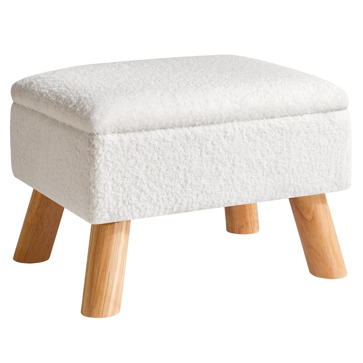 Storage Ottoman, Small Foot Stool Ottoman with Storage, White HBD042W | Teddy Velvet, Sturdy Wood Legs, For Living Room Bedroom Couch Entryway