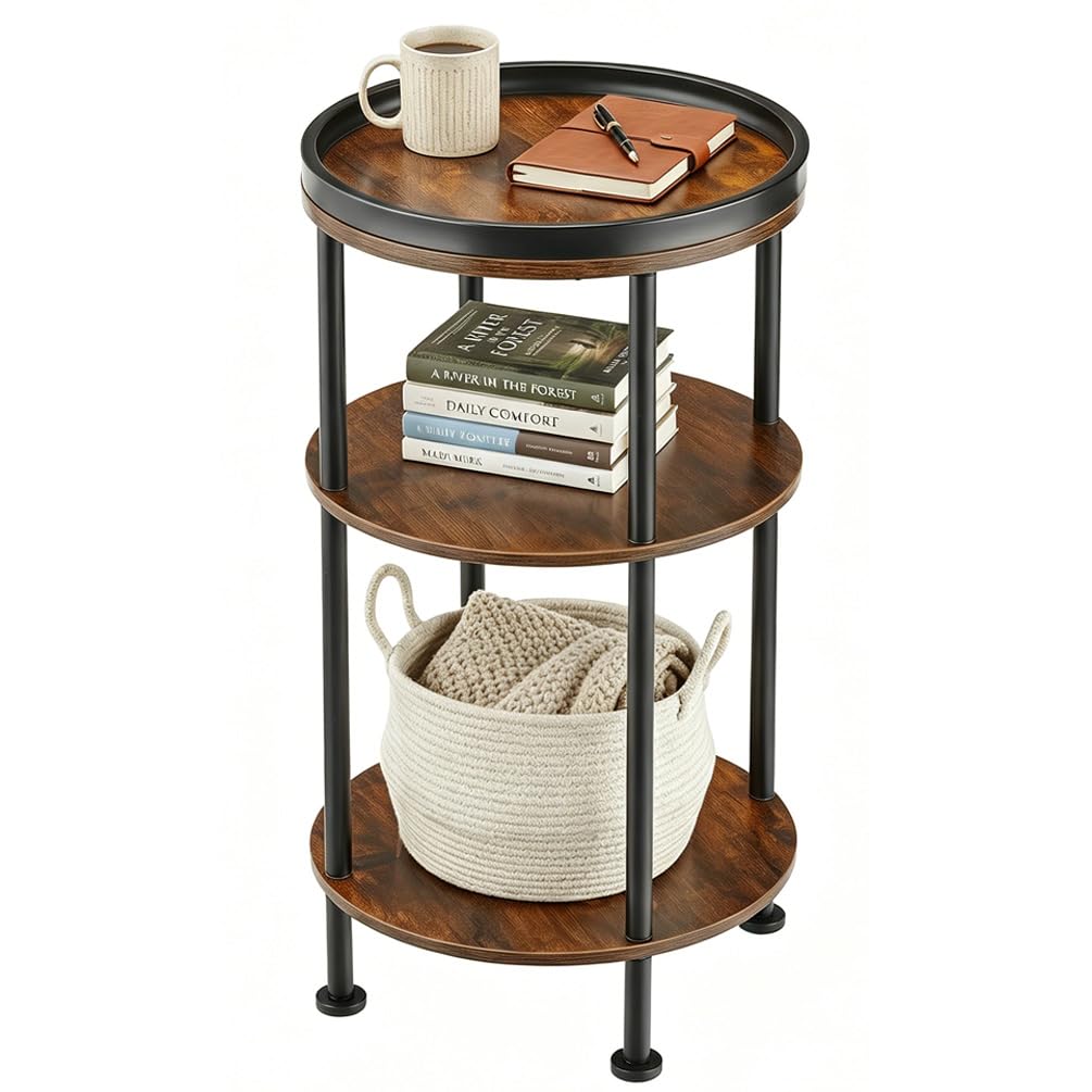Small Round Side Table with Tray Top (Patented Design), 11.8" Narrow End Table for Small Spaces, 3-Tier Industrial Nightstand, Original Rustic Accent Furniture for Living Room Bedroom, Rustic Brown