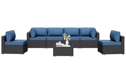 7 Pieces Outdoor Patio Sectional Sofa Couch, Wicker Furniture Patio Conversation Sets with Washable Cushions & Coffee Table for Garden, Poolside, Backyard