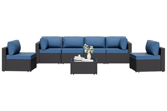 7 Pieces Outdoor Patio Sectional Sofa Couch, Wicker Furniture Patio Conversation Sets with Washable Cushions & Coffee Table for Garden, Poolside, Backyard