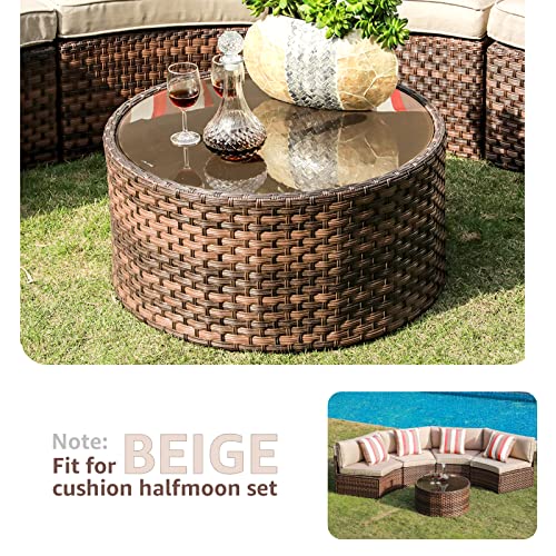 Round Outdoor Coffee Table with Tempered Glass Top, 28in Rattan PE Resin Wicker Patio Side Table, Brown