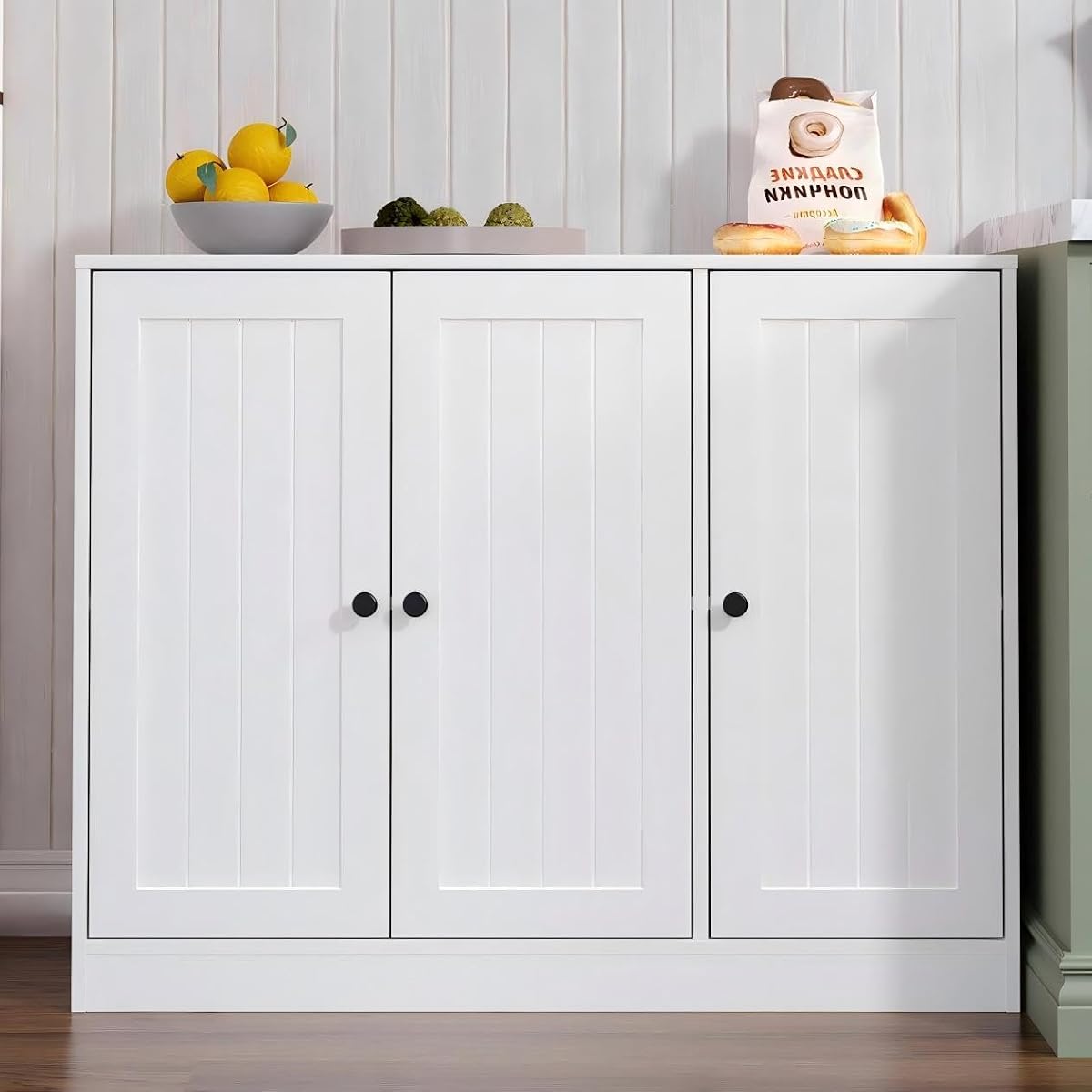Buffet Cabinet with 3 Door, Kitchen Storage Sideboard with Adjustable Shelf, Rustic Buffet Sideboard Cabinet, Coffee Bar Accent Cabinets for Living Room, Entryway, White