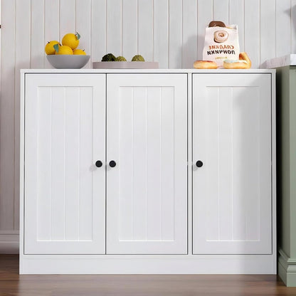 Buffet Cabinet with 3 Door, Kitchen Storage Sideboard with Adjustable Shelf, Rustic Buffet Sideboard Cabinet, Coffee Bar Accent Cabinets for Living Room, Entryway, White
