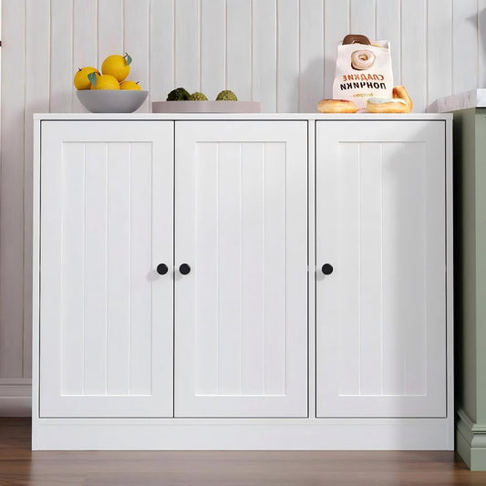 Buffet Cabinet with 3 Door, Kitchen Storage Sideboard with Adjustable Shelf, Rustic Buffet Sideboard Cabinet, Coffee Bar Accent Cabinets for Living Room, Entryway, White