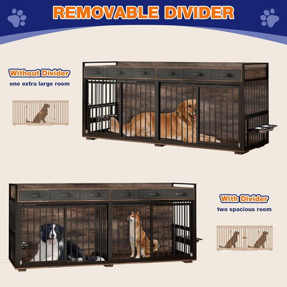 86.6" Large Dog Crate Furniture,Chew-Proof Metal Frame Wooden Double Dog Kennel TV Stand Table with Rotatable Dog Feeder Bowls and Drawers for 2 Dogs Indoor,Rustic Brown