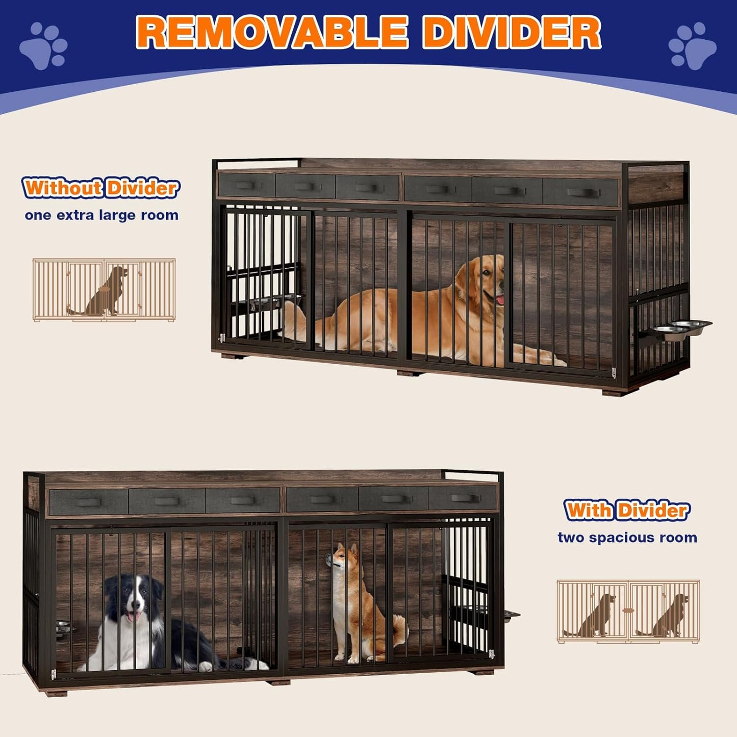 Large Dog Crate Furniture,74.8" Wooden Double Room Dog Crates Indoor Furniture Style with Divider and 2 Drawers,Xxl Heavy Duty Dog Kennel Furniture TV Stand Table for 2 Large Dogs,White