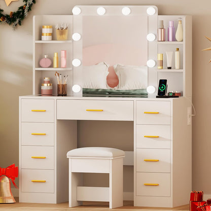 Makeup Vanity Desk with Mirror and Lights White Vanity Table with Glass Top Power Outlet Stool,Makeup Desk with 9 Drawers and 4 Storage Shelves,Dressing Table for Bedroom Women FST39W
