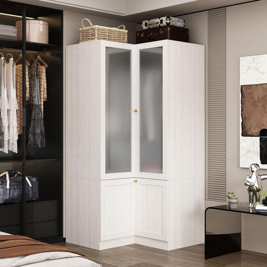 Corner Wardrobe Closet with 2 Glass Doors, Armoire Wardrobe Closet with Hanging Rod, for Bedroom Wood Grain (16.3+19.1”W X 19.1+16.3”D X 70.9”H)