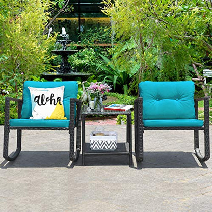 3 Pieces Patio Wicker Rocking Bistro Set, Outdoor Rocking Chair Furniture Set w/Cushioned Seat, Conversation Set w/Glass Coffee Table and Storage Shelf (Turquoise)