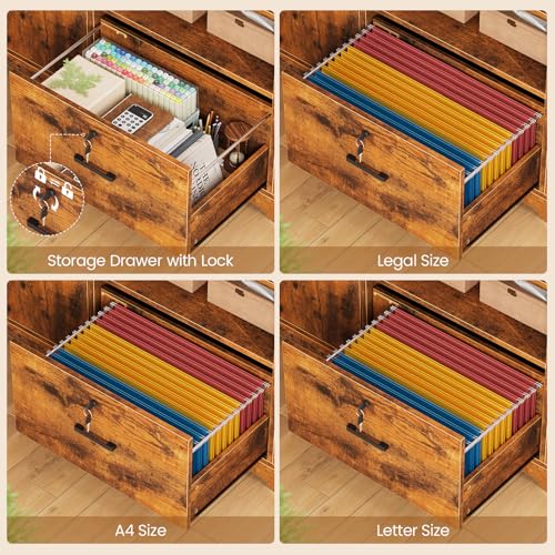 56.7" L Shaped Standing Desk, Reversible Computer Office Desk with Drawers & Hutch, Stand Up Corner Gaming Desks with LED Lights & Power Outlets for Home Office, Rustic Brown