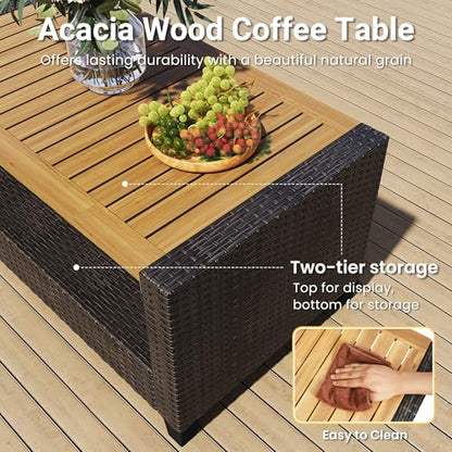 4 Piece Patio Furniture Set, Wicker Outdoor Patio Conversation Furniture Set, All Weather Outdoor Patio Sofa with Cushion and Wood Table, Beige Wood