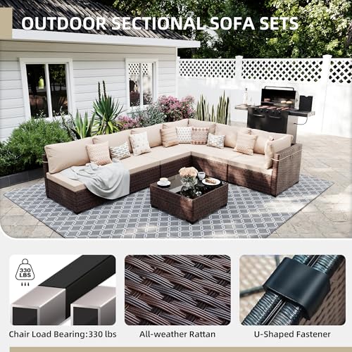 7 Pieces Patio Furniture Sets, Wicker Outdoor Sectional Sofa Couch with Coffee Table, Patio Conversation Set for Deck Backyard Garden, Brown Rattan, Beige Cushion
