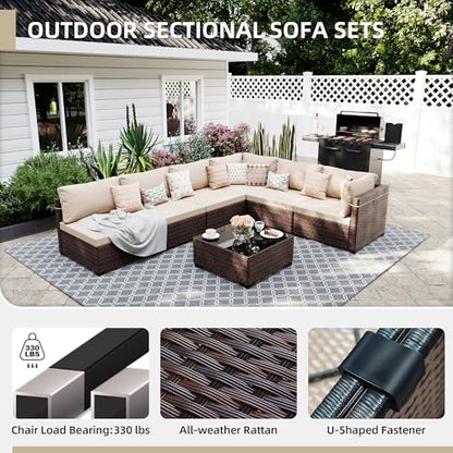 7 Pieces Patio Furniture Sets, Wicker Outdoor Sectional Sofa Couch with Coffee Table, Patio Conversation Set for Deck Backyard Garden, Brown Rattan, Beige Cushion