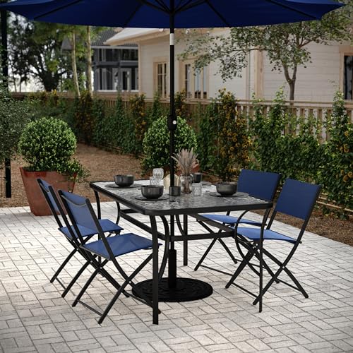 Tory Rectangle Patio Table with Umbrella Hole, Commercial All-Weather Table with Heat Resistant Tempered Glass, Steel Tube Frame, 35x 59, Black