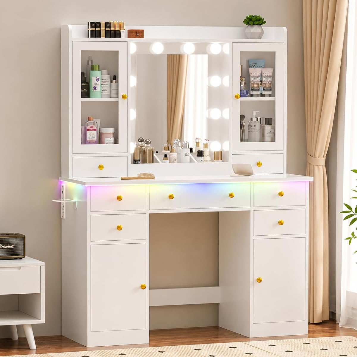 White Makeup Vanity Desk with Mirror and Lights, Smart RGB Light