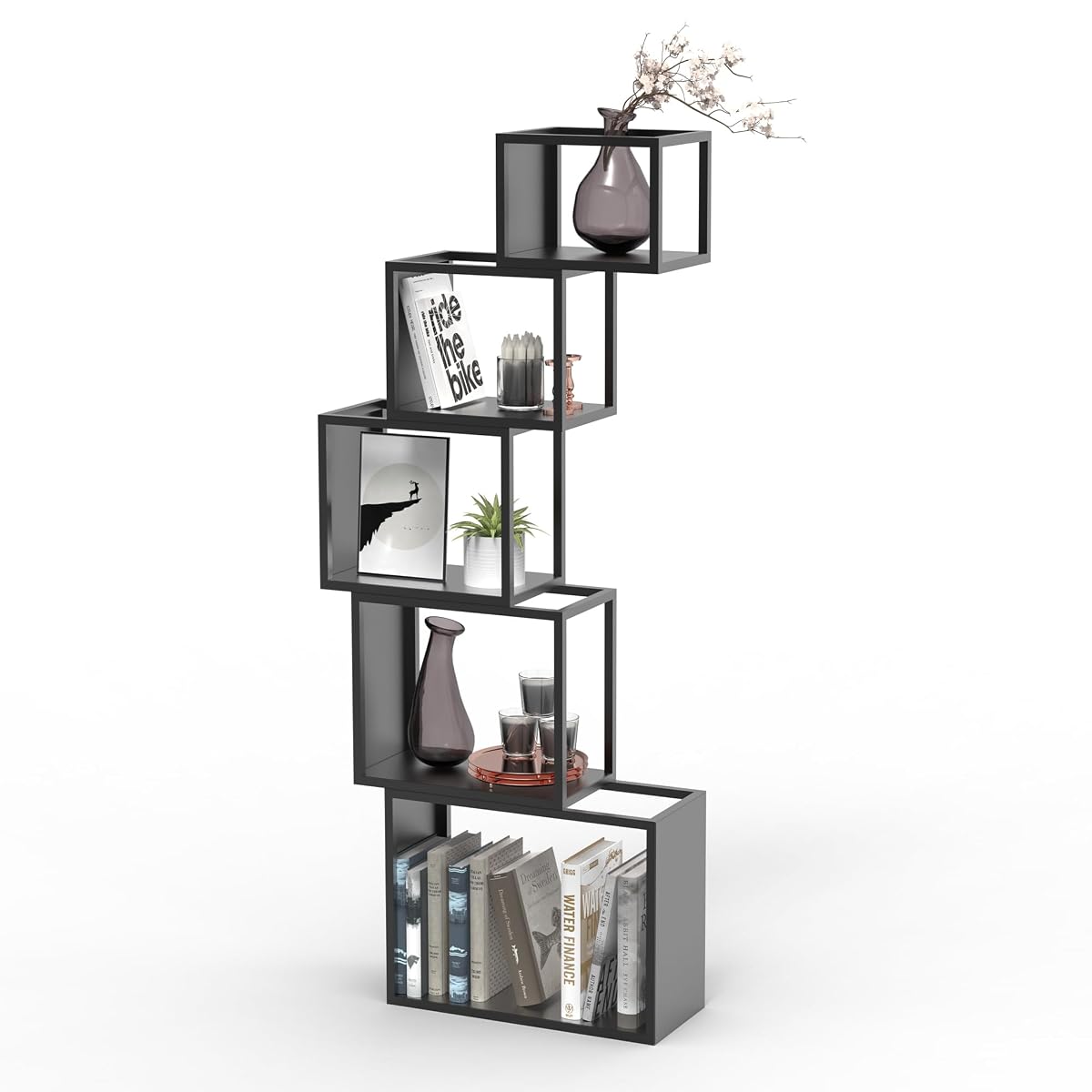 5-Tier Black Unique Metal Bookshelf – 49.2" Modern Bookcase for Books, CDs