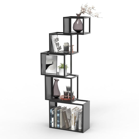 5-Tier Black Unique Metal Bookshelf – 49.2" Modern Bookcase for Books, CDs