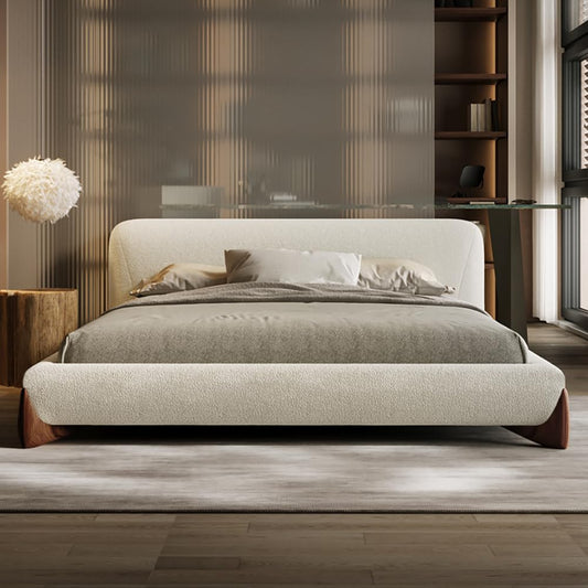 White Boucle King Size Platform Bed with Headboard