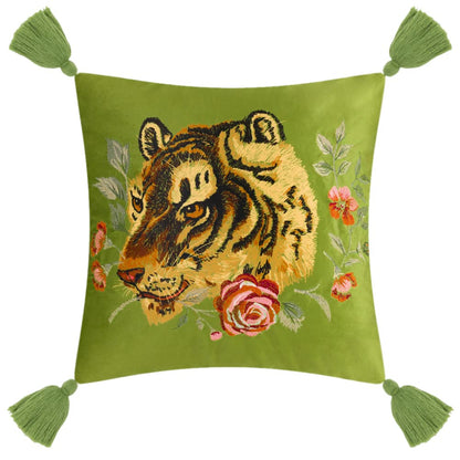 Tiger Velvet Throw Pillow Cover Decorative Flower Embroidered Accent Cushion Case Print Pillowcase for Bed Living Room Couch Bedroom 18x18 Inch Green Tassel