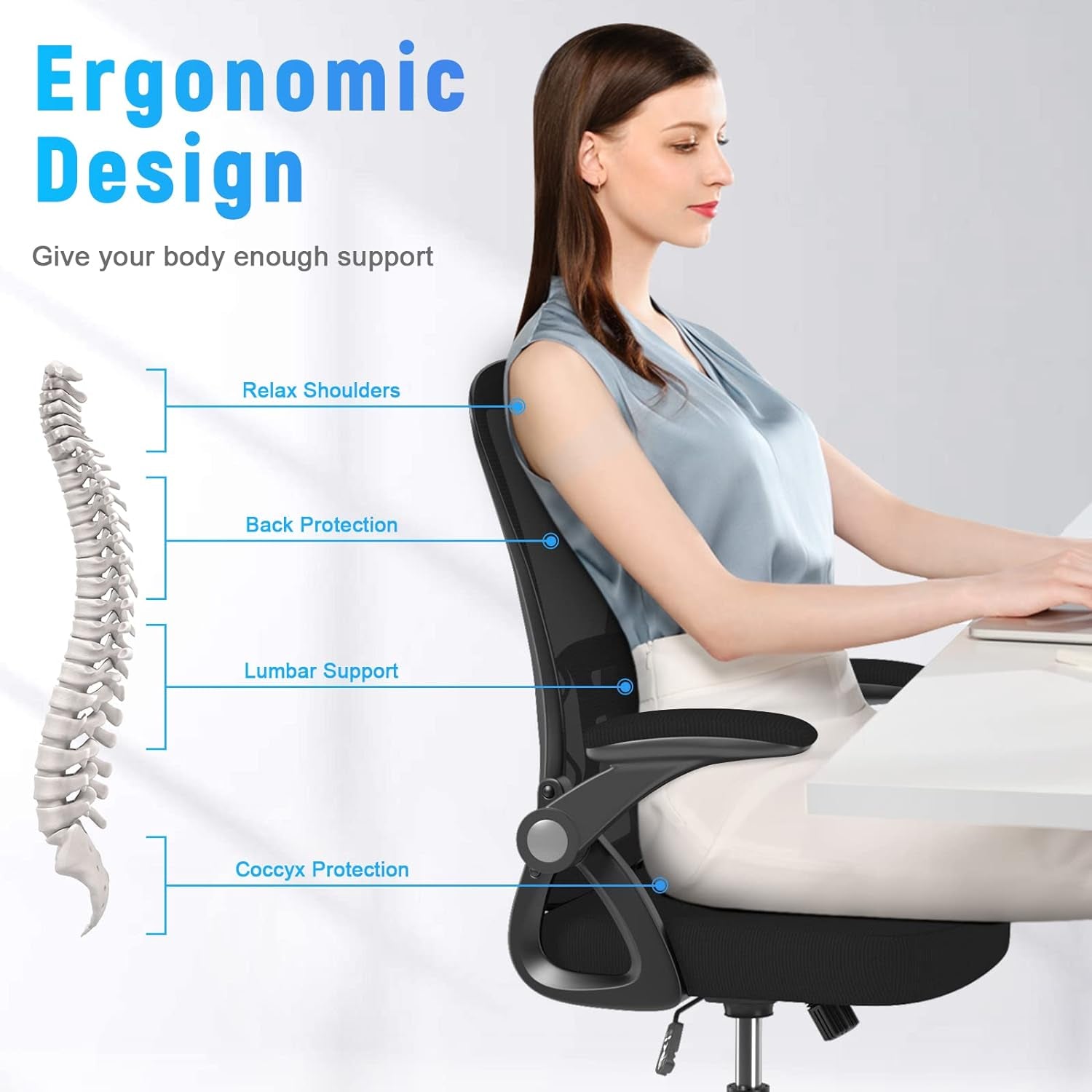 Ergonomic Office Chair, Mid Back Desk Chairs with Adjustable Height, Swivel Chair with Flip-Up Arms and Lumbar Support, Breathable Mesh Computer Chair for Home/Study/Working, Dark Black
