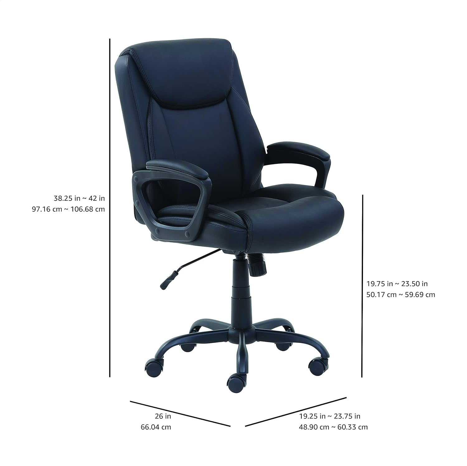 Classic Puresoft PU Padded Mid-Back Height Adjustable Office Computer Desk Chair with Armrest, 26"D X 23.75"W X 42"H, Black