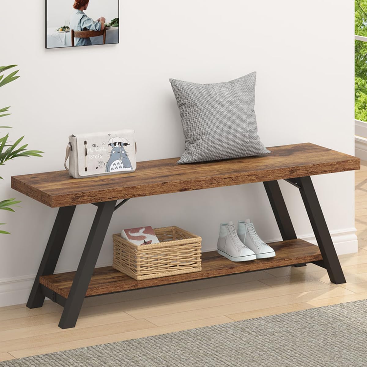 Wood Bench, Industrial Storage Entryway Indoor Bench for Bedroom Hallway Living Room, Rustic Famhouse Wooden Metal Shoe Rack Accent Foyer Bench Seat for Entrance Sitting, Rustic Brown, 47 in Long