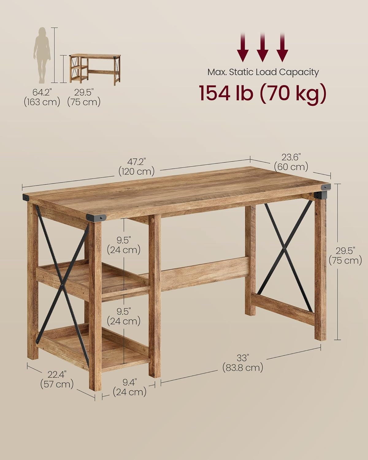 Computer Desk, Home Office Desk with Storage Shelves on Right or Left, Farmhouse, for Work Study Gaming Writing, 23.6 X 47.2 X 29.5 Inches, Honey Brown ULWDAM090T41