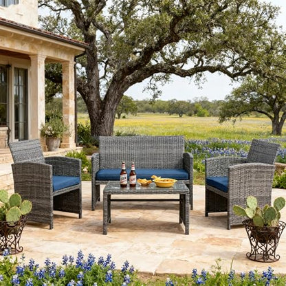 4 Piece Outdoor Patio Furniture Set, Outdoor Wicker Rattan Chairs Conversation Sets with Cushions & Coffee Table for Outside, Garden, Balcony, Porch, Dark Blue