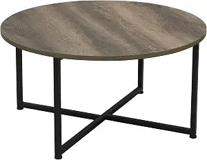 Jamestown Round Coffee Table Ashwood Rustic Wood Grain and Black Metal 31.5 x 31.5, Taupe