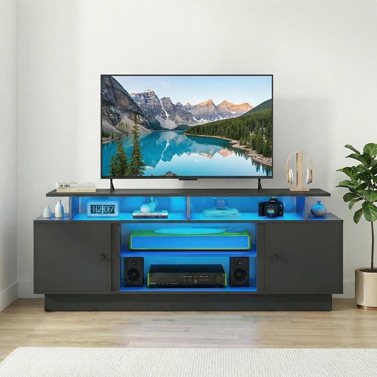 Modern TV Stand with LED Lights for up to 80 Inch TVs, Black