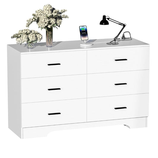 Dresser with Power Outlets Wooden 6 Drawer Dresser with USB and Type C Port