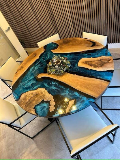 RESINHOMEFURNITURE Luxury Blue Ocean Resin Wood Table – Round Epoxy Dining, Coffee, or Conference Table with Nature-Inspired River Design for Elegant Home Decor (18 Inches Tall, 18 x 18 Inches)