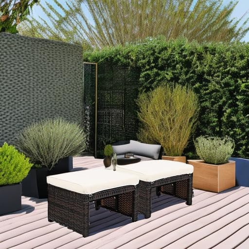 2 Piece Outdoor Wicker Ottomans, Patio Rattan Footstool with Cushions, Solid Steel Frame, Multifunctional Ottomans for Poolside Backyard Balcony