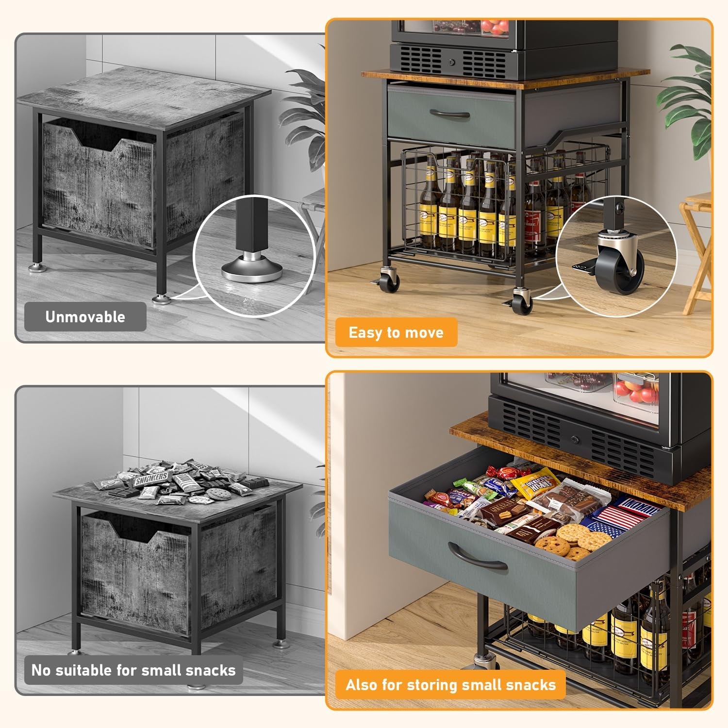 Mini Fridge Stand, Heavy-Duty End Table Fridge Table with Storage, Small Refrigerator Stand with Rolling Wheels for Dorm, Kitchen,Pantry