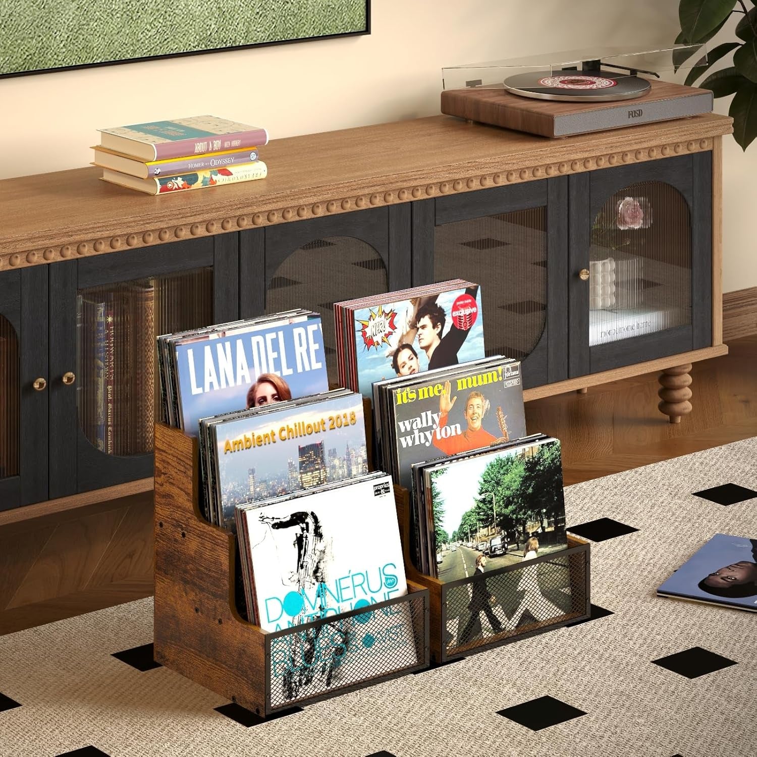 Vinyl Record Storage,Stepped 3 Tier LP Vinyl Record Crate,Vinyl Record Album Holder,Holds up to 60 Records,Desktop Metal & Wooden Record Box Case Crate