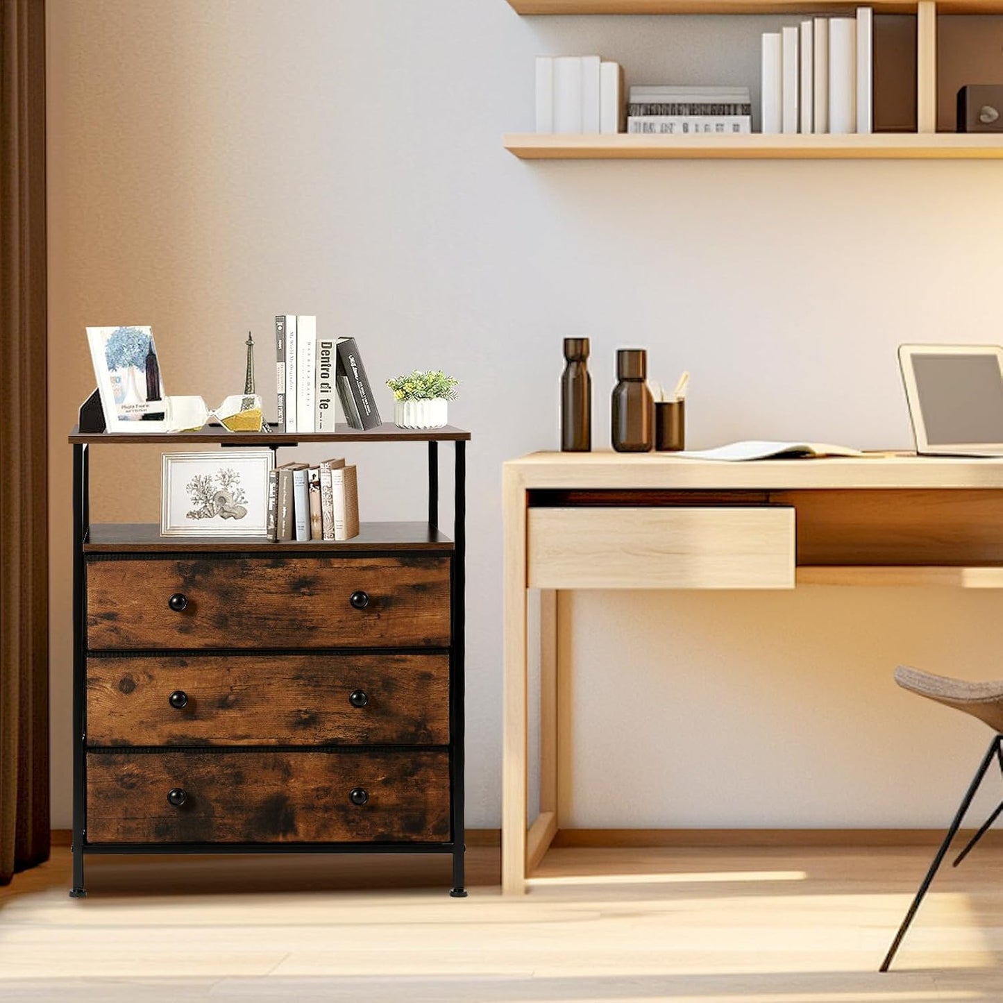 3 Drawers Dresser with Charging Station, 24 Inch Wide LED Night Stand with Adjustable Fabric Drawer, Nightstand with Storage Shelf for Living Room/Bedroom/Office, Rustic Brown.