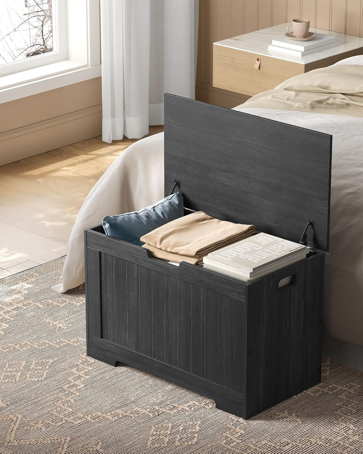 Storage Chest, 29.9 Inches Width Storage Bench, Entryway Bench with 2 Safety Hinges, Shoe Bench, Farmhouse Style, for Entryway, Bedroom, Living Room, Charcoal Gray ULHS011B02