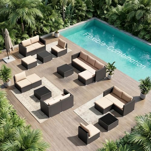 Patio Furniture Set - All-Weather -5 Piece Outdoor Patio Conversation Couch Sets, Modular Wicker Rattan Sectional Sofa for Garden, Patio, Poolside, Backyard, Balcony, Porch,Khaki